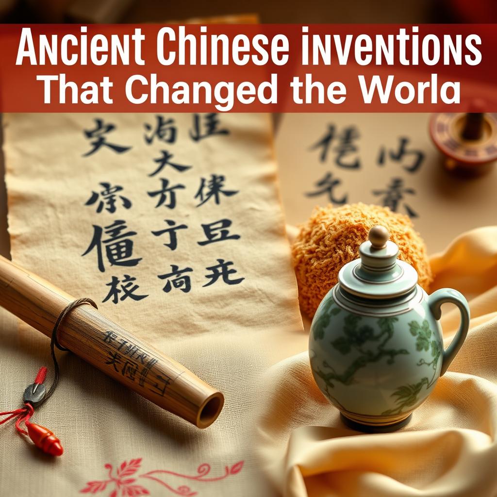 Ancient Chinese inventions collage: paper, printing, gunpowder, compass, and porcelain. - hero