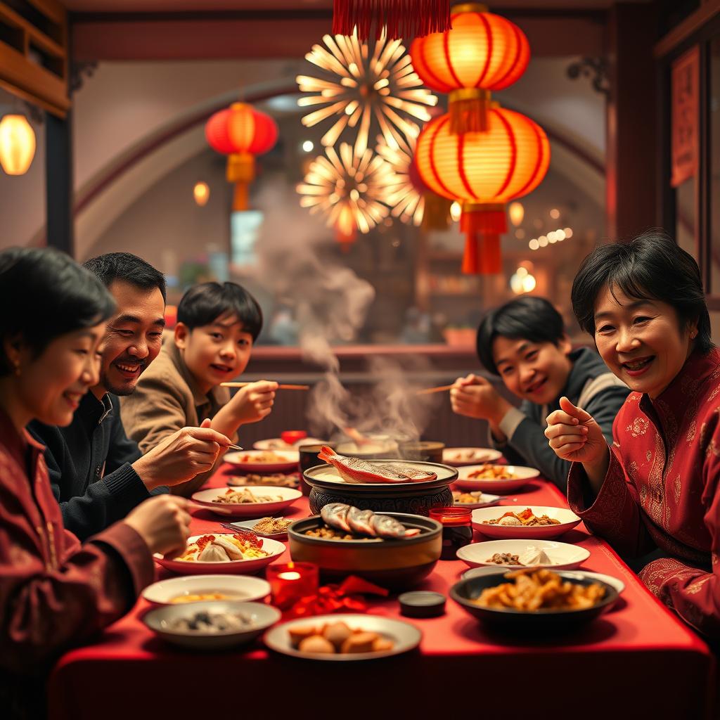 Chinese New Year reunion dinner table with traditional dishes and red lanterns - hero