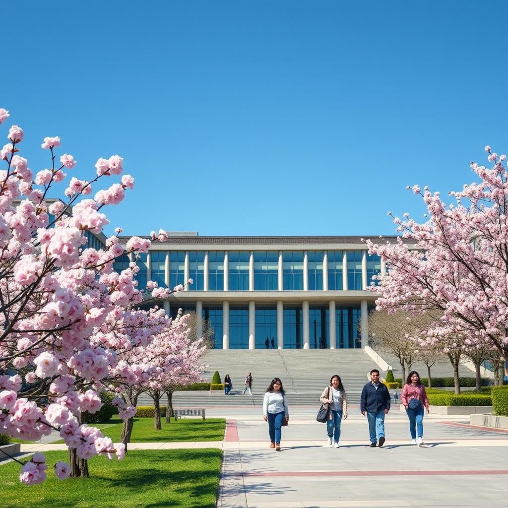Modern Chinese university campus with students and cherry blossoms - hero