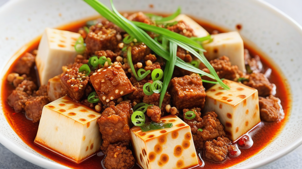 Mapo tofu (silky tofu in spicy doubanjiang sauce with ground pork and Sichuan peppercorns)