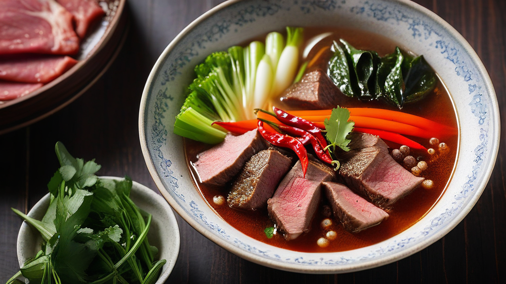 Sichuan hot pot (beef tallow broth with chilli and Sichuan peppercorn, served with raw meats and vegetables)