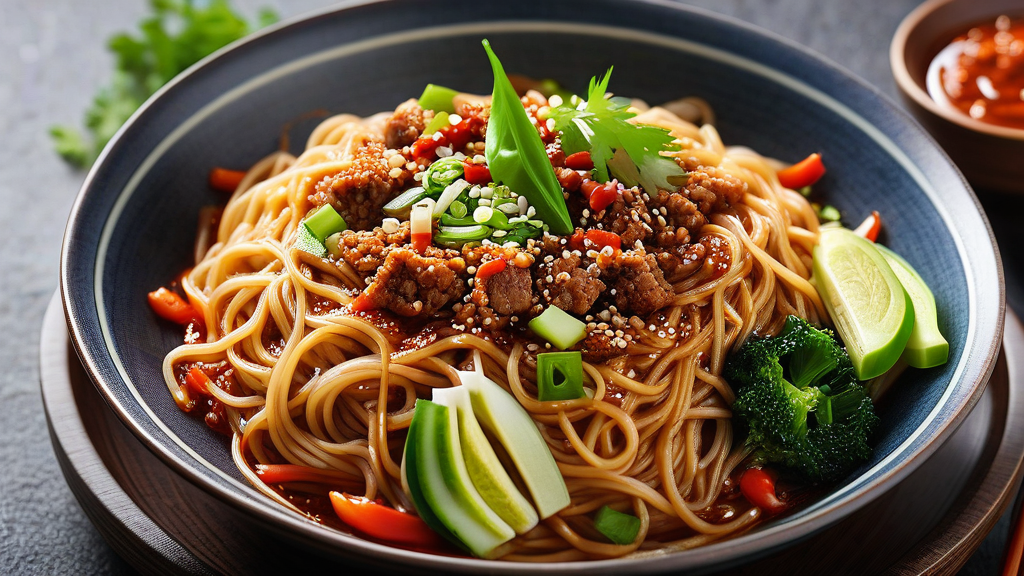 Dan Dan Mian (chewy wheat noodles with minced pork, chili sauce, sesame paste, and preserved vegetables)